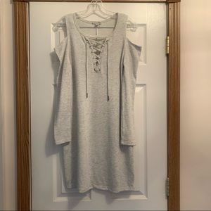 Moral fiber light grey cold shoulder long sleeve lace up dress